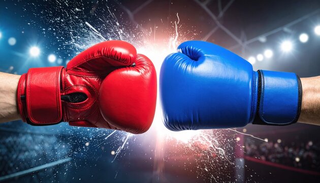 Boxers with red and blue gloves collide in the ring under stadium lights. Sport, competition, rivalry, teamwork, training, adrenaline, fitness, challenge and dynamic fighting concept.