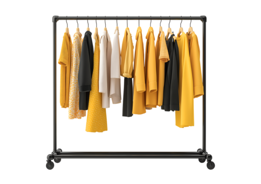 Stylish Yellow and Black Clothes Collection on Industrial Garment Rack isolated on a transparent background