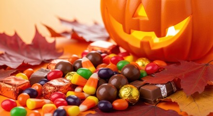 Spooky season sweets and glowing pumpkin, perfect for festive ads or social media posts celebrating Halloween with delicious treats and autumnal charm