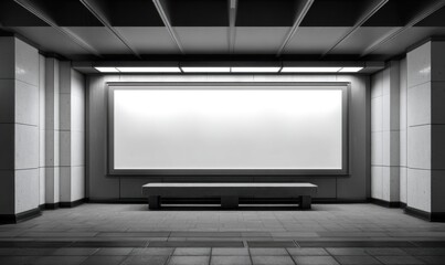 Monochrome Subway Station Interior with Blank Advertising Space.