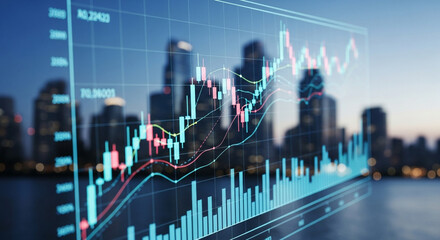 Financial Stock Market Chart Overlay on a Blurred Modern City Skyline