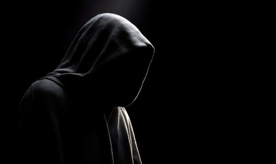 Mysterious Figure in Hood Silhouette Against Dark Background.