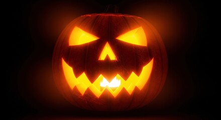 Spooky jack-o'-lantern glowing with eerie light against a dark backdrop, perfect for Halloween promotions and seasonal designs, creating a festive ambiance