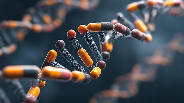 Exploring the connection between medication and genetic information through DNA strands and pills, pills medication over dna strands spinning.