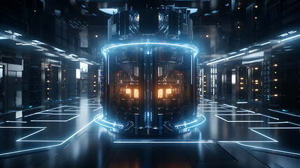 Futuristic server room core with vibrant glowing lights for technology advancement projects and innovations