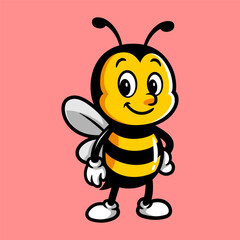 fun cute smiling bee colored cartoon character isolated drawing line style sketch classic vintage design illustration