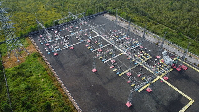 Aerial view of the existing electricity substation in Banjarmasin, electricity terminal and electricity conductor