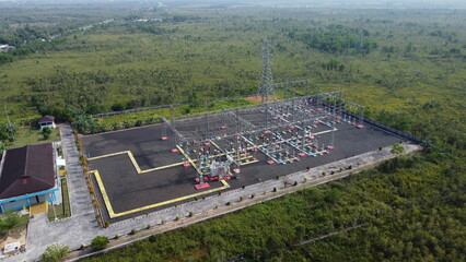 Aerial view of the existing electricity substation in Banjarmasin, electricity terminal and electricity conductor