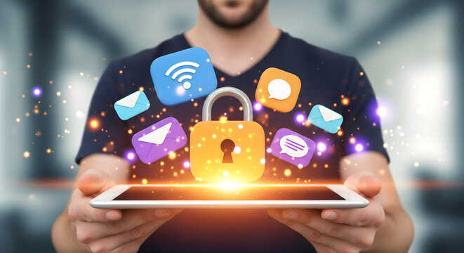 Businessman Holding Tablet with Data Security and Communication Icons