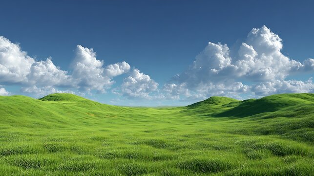 Green field and blue sky with clouds. Nature composition. 3d render, Hilly green landscape view with green grass and beautiful sky. - Powered by Adobe