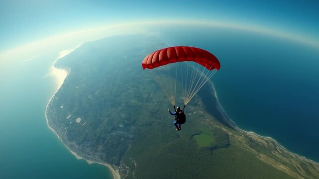 Skydiver in a blue jumpsuit parachuting high above a lush green coastline and the ocean on a bright, sunny day