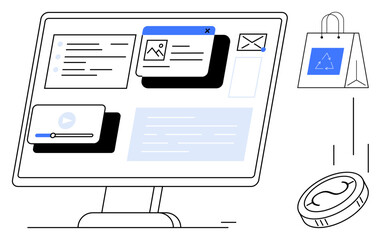Computer screen displays tabs, media player, email, text boxes. Shopping bag and coin signify e-commerce. Ideal for online business, marketing, e-learning, communication trade productivity simple