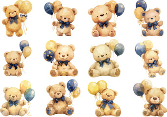 Watercolor Teddy Bears with Blue and Yellow Balloons Clipart