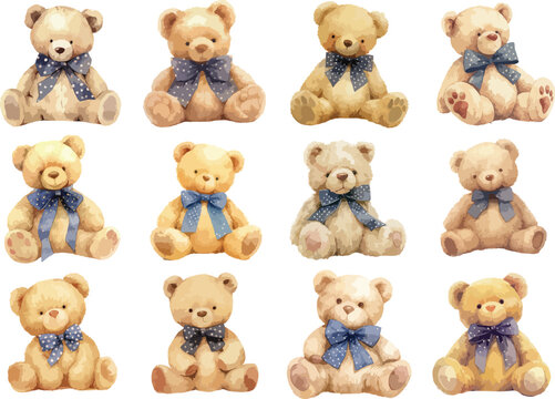 Watercolor Teddy Bears with Blue Bows Clipart