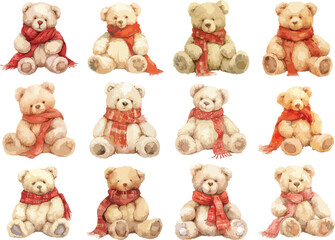 Watercolor Cute Teddy Bears Wearing Red Winter Scarves Clipart