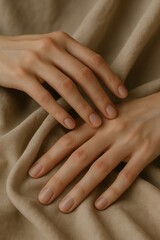 Fototapeta premium Close-up of elegant hands resting on soft beige fabric, showing natural beauty, calmness, and gentle touch.