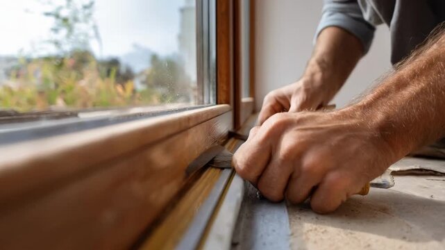 Medium shot of a homeowner sealing gaps and cracks around a door with weatherstripping to exclude spiders from the interior.