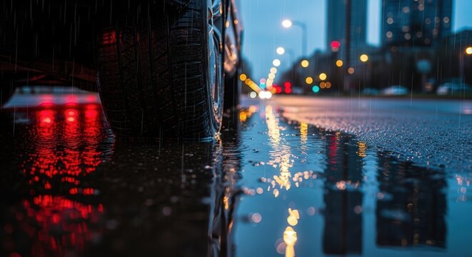 Car wheel on wet street reflecting city lights at night  