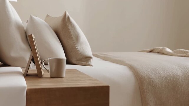 Minimalist bedroom interior with wooden bedside table