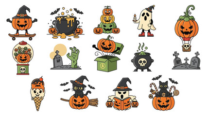 Spooky and playful Halloween icons featuring pumpkins, ghosts, black cats, and cauldrons perfect for festive designs