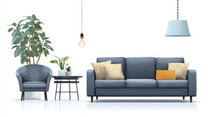 Stylish Living Room Interior with Modern Furniture and Potted Plants Illustration