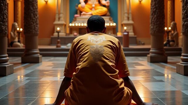 Back View Of Devotee Performing Dandavat Pranam In Temple