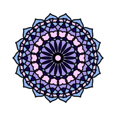 Intricate purple, pink, and blue mandala design with circular geometric pattern for meditation and decor