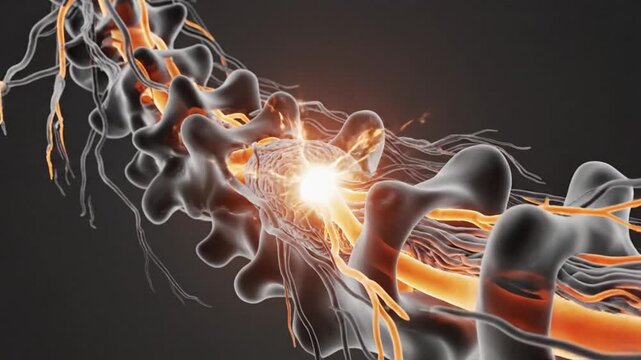 Close up of a nerve impulse traveling along a spinal nerve root.