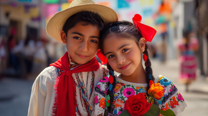 Two children in traditional Mexican attire, celebrating Día de la Virgen de Guadalupe, vibrant cultural heritage, and festive community spirit
