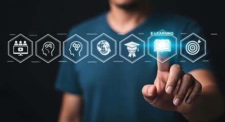 A man using a virtual interface to access online learning resources representing digital education and e-learning technology.