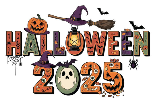 Spooky and vibrant Halloween 2025 celebration design with pumpkins, bats, witches hats, and candy for festive marketing