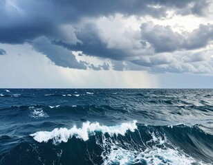 Fototapeta premium Dramatic Dark Ocean Waves Under Stormy Cloudy Sky in Daytime with Rain