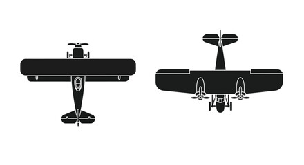 Detailed silhouette of a vintage biplane aircraft in two different views