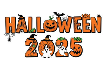 Get ready for spooky fun with this vibrant Halloween 2025 design featuring pumpkins, ghosts, bats, spiders, and candy!