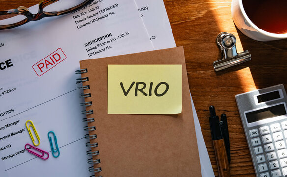 There is sticky note with the word VRIO. It is an abbreviation for Value, Rarity, Inimitability, Organization as eye-catching image.