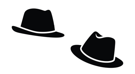 Two simple black silhouettes of fedora hats on a white background