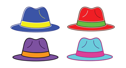 Colorful cartoon illustration of four different styled hats on white background