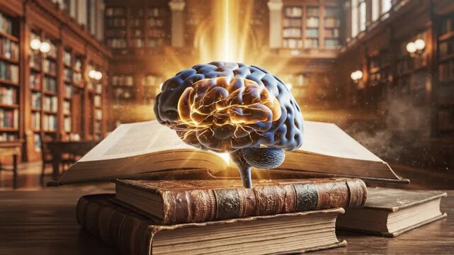 Conceptual Visualization of a Brain Absorbing Knowledge from Books.