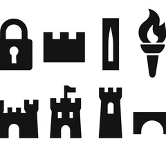 Fototapeta premium Fortress silhouette set: iron lock, rampart, arrow slit, torch flame, fortress silhouette, castle keep, tower window, bridge.