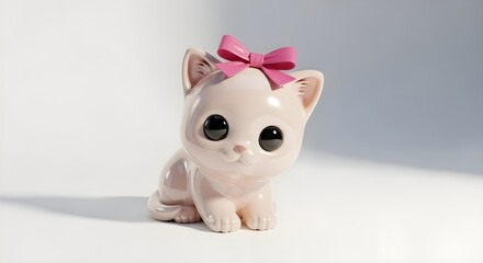 Adorable 3D Rendered Glossy Pink Kitten Character with a Bright Pink Bow