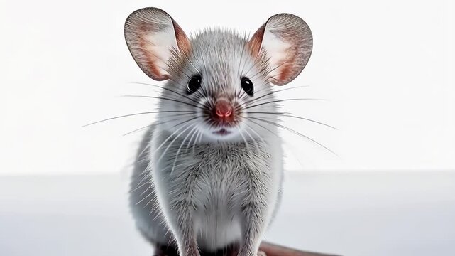 Curious Mouse Portrait: A detailed close-up of a small, adorable mouse gazing directly at the viewer, its large ears and tiny whiskers accentuating its inquisitiveness.