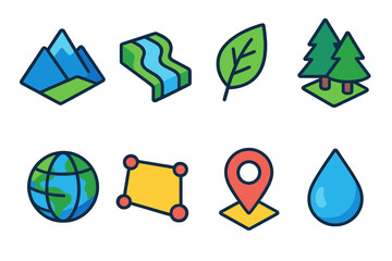 Obraz premium Environmental Zoning flat isometric set: mountain, river, leaf, forest, globe, boundary line, map pin, droplet.