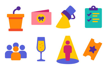 Event Conference flat icons: podium microphone, invitation card, stage spotlight, guest list, champagne glass, audience group, spotlight figure, ticket stub.