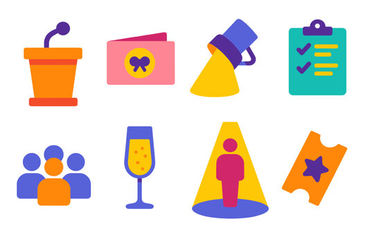 Event Conference flat icons: podium microphone, invitation card, stage spotlight, guest list, champagne glass, audience group, spotlight figure, ticket stub.