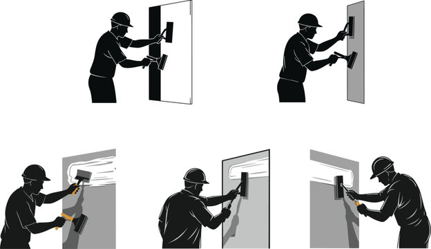 Cabinet assembly illustration, construction worker, power drill, screwdriver use, wall cabinet, safety helmet, carpentry process, furniture installation, repair work, training skills
