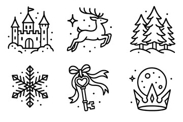 Winter Stories Magical Legends outline icon set: snowy castle, flying reindeer, shimmering star, enchanted forest, glowing moon, crystal snowflake, key with ribbon, icy crown.