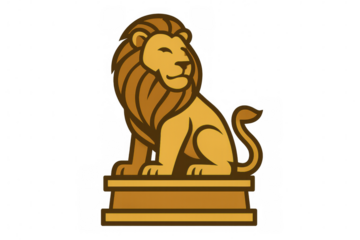Golden lion icon sitting on a pedestal, representing authority, royalty, protection, and success. Vector graphic
