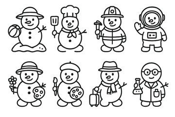 Themed Snowmen outline icon set: beach snowman, chef snowman, firefighter snowman, astronaut snowman, gardener snowman, painter snowman, traveler snowman, scientist snowman.