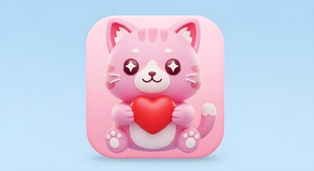 Cute 3D Pink Cat Character Holding a Red Heart - App Icon or Sticker