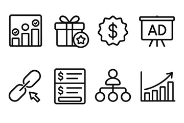 Revenue Models outline icon set: subscription plan chart, freemium tier icon, transaction fee badge, advertising revenue board, affiliate link symbol, product pricing table,